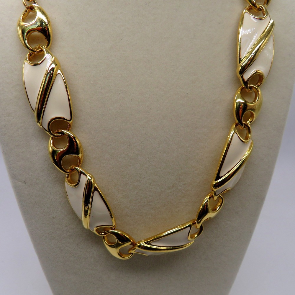 Vintage Gold Tone White Enamel Link Collar Necklace 17 Inch Statement Jewelry